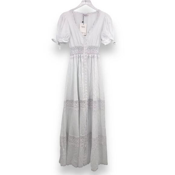 Charo Ruiz Ibiza Thelma Maxi Dress S Short Sleeve Embroidered Crochet Cuff Tie